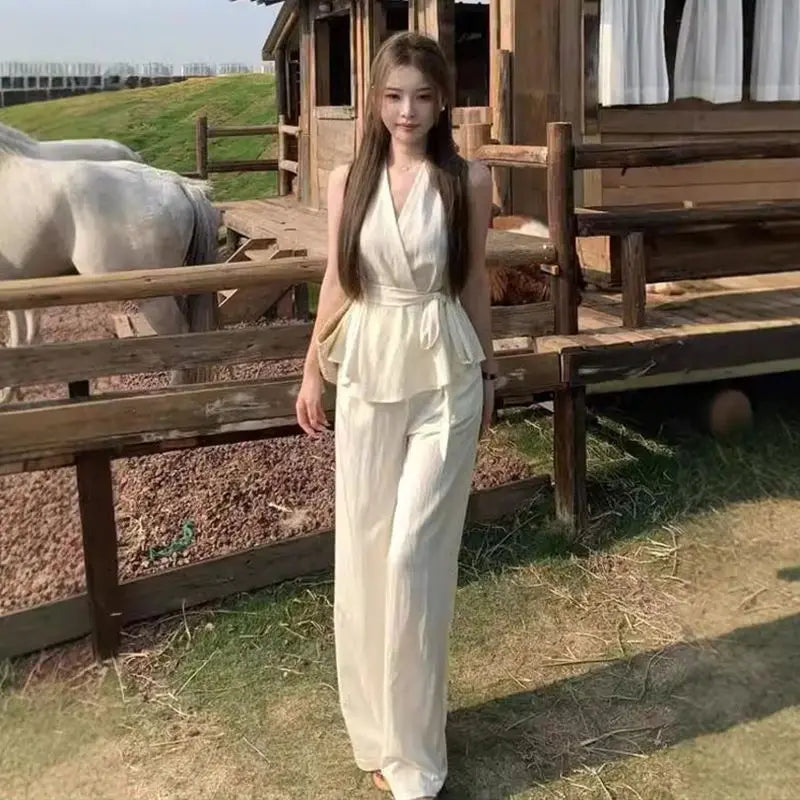 Irregular V-neck Cross Halter Vest Wide-leg Trousers for Women Summer New Suit
