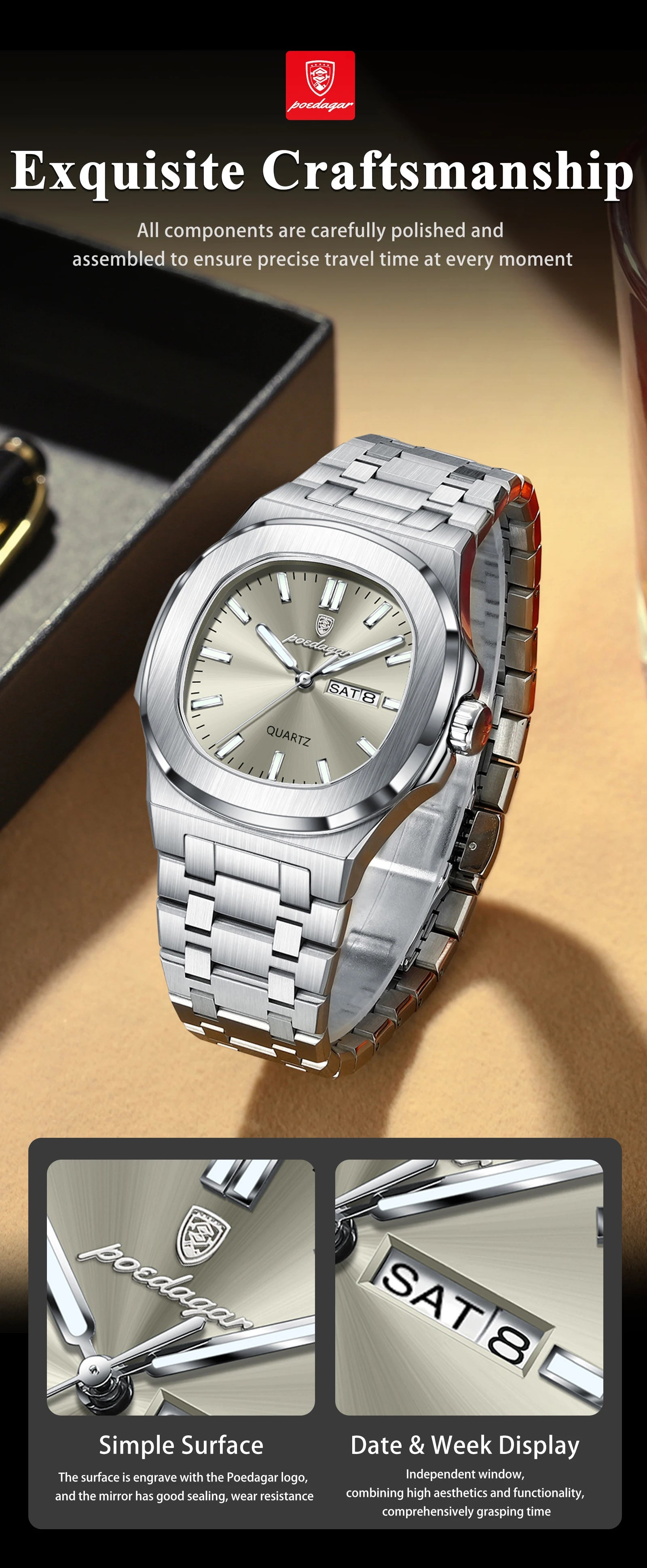 POEDAGAR Trendy Casual Wristwatch For Men Week Date Stainless Steel Man Watch Luminous Waterproof Luxury Quartz Men Watches+Box