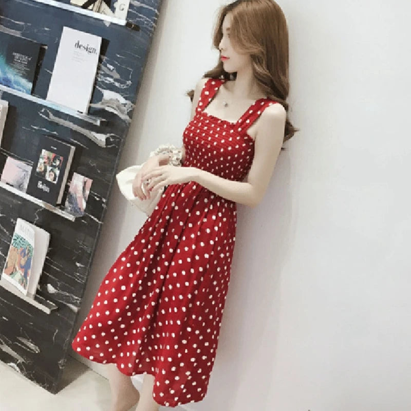 Women Summer Sleeveless Dot Dress Sexy Backless A-Line Spaghetti Strap Beach Style Dresses Camisole Off-Shoulder Folds Vestidos