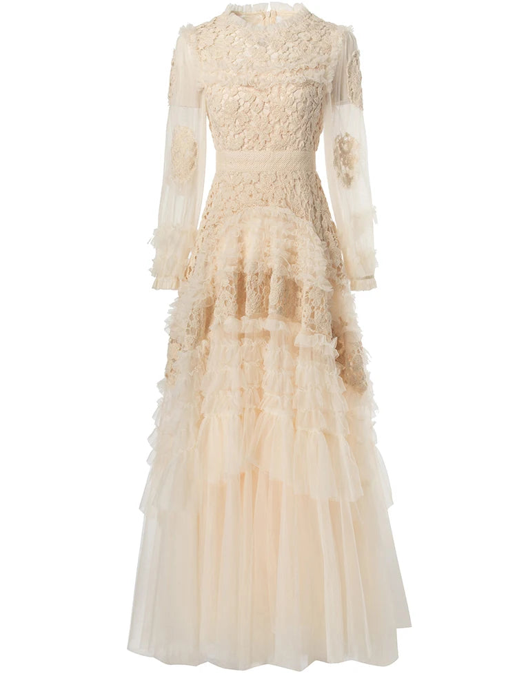 LD LINDA DELLA Fashion Designer Summer Dress Women's Vintage Solid Color Temperament Net Yarn Embroidery Cascading Ruffle Dress