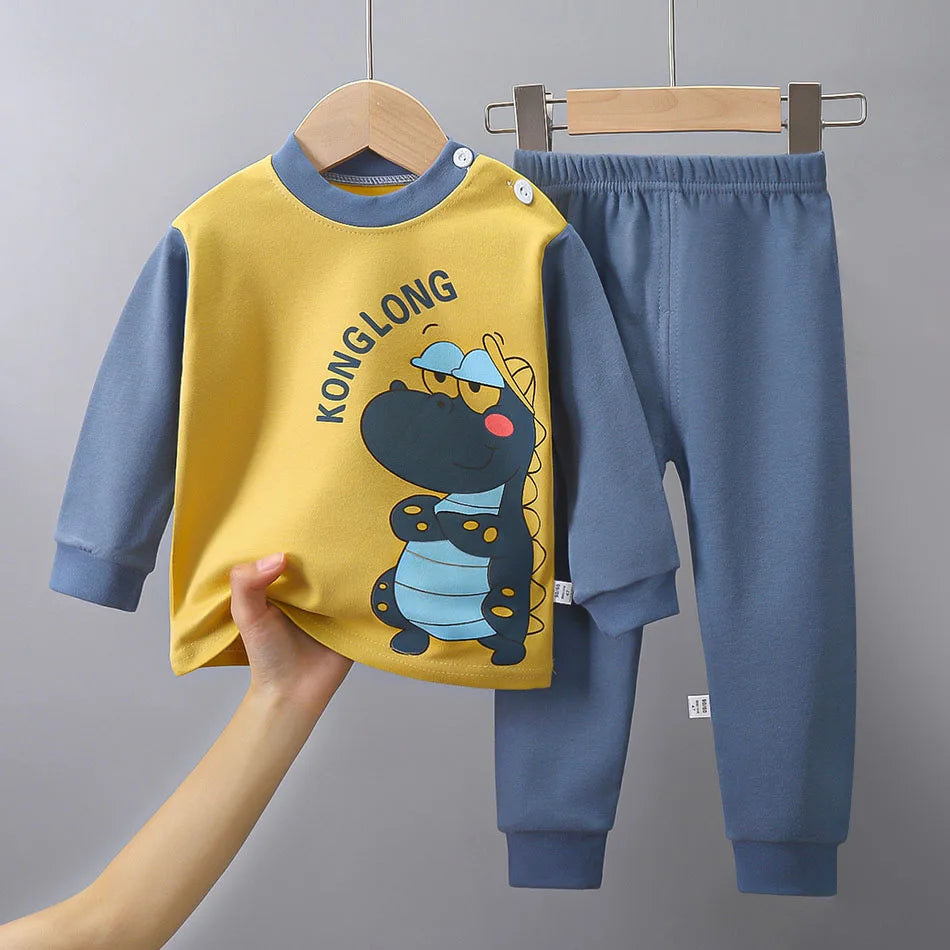 Spring Autumn Sleepwear Kids Comfort Cotton Pajamas Set Durable and Soft Unisex Cartoon Dinosaur for Boy Girl Children Clothes