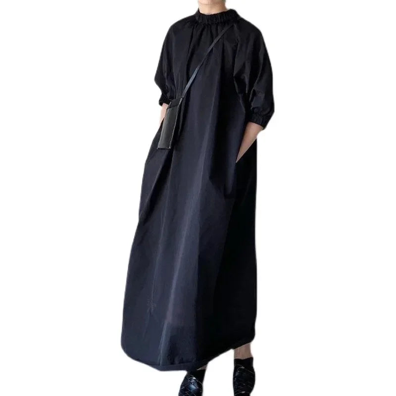 Japanese Style Dress2023 Summer New Women's Clothing Solid Color Stand Collar Dress Loose-Fit Elegant A- Line Long Dress