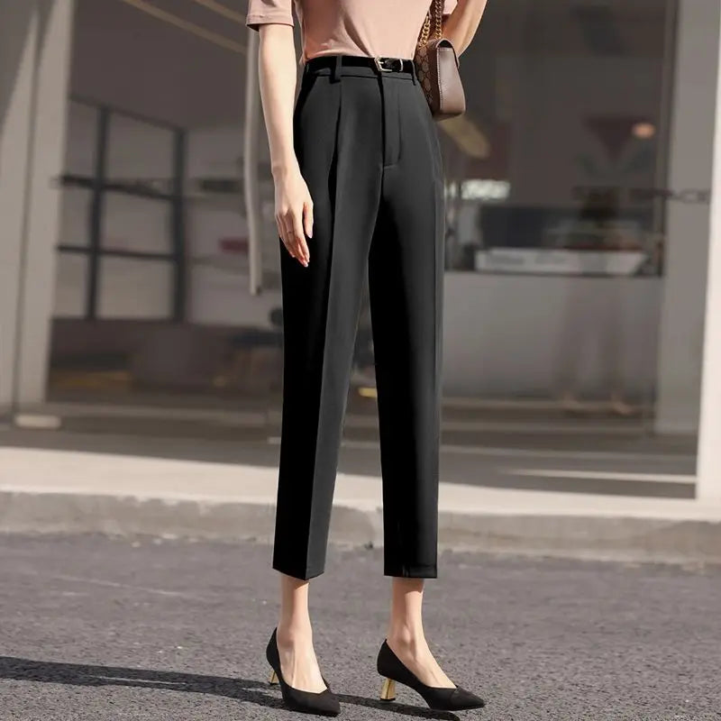 Office Lady Fashion Coffee Harlan Suit Pants Spring Summer Thin Women Koreon Women High Waist Casual Slim Cropped Trousers 2023