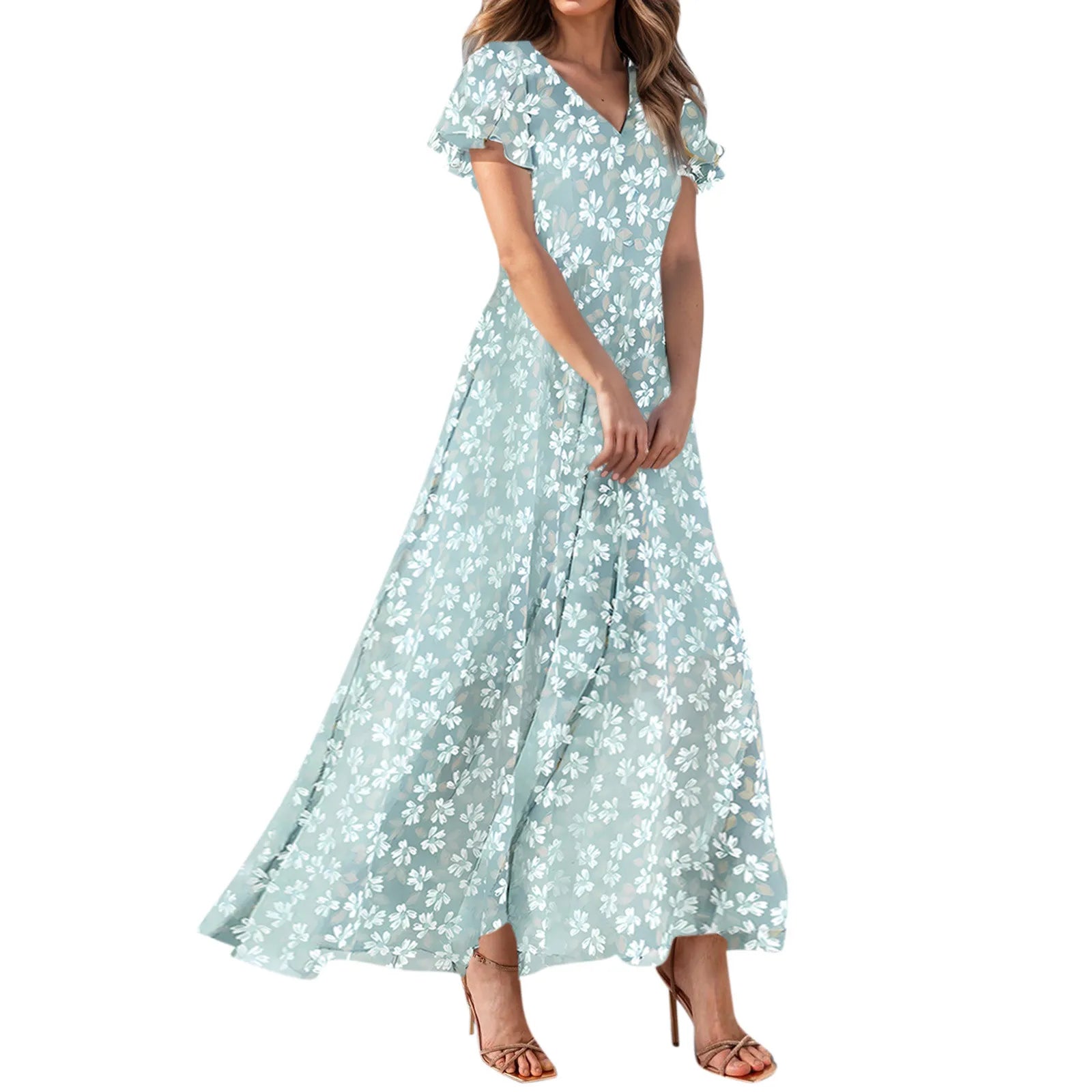 Women V-neck Ruffle Short Sleeve Maxi Dress Waist Tight High-waist Hem Sweet Floral Print Elegant Dress Female Clothing Vestidos