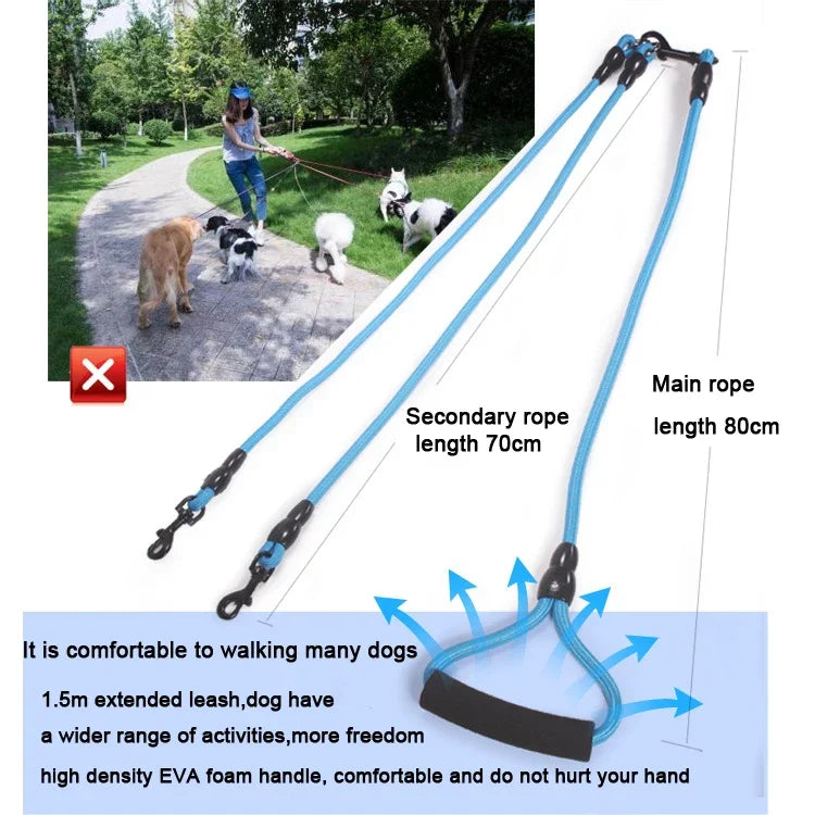 3 Way Dog Leashes for Walking 2/3/4 Dogs Pets Nylon Braided Rope No Tangle Dog Leashes for Small Dogs Dual Three Dogs Leash