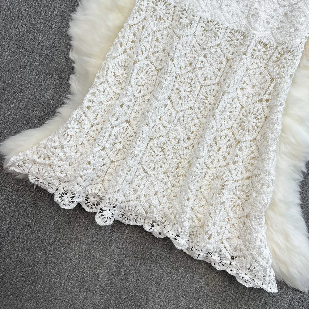 Boho Holiday Long Skirts Women Crochet Hollow Out Female Trumpet Skirt Ladies Elegant Lace Patchwork Summer Skirt Dropshipping