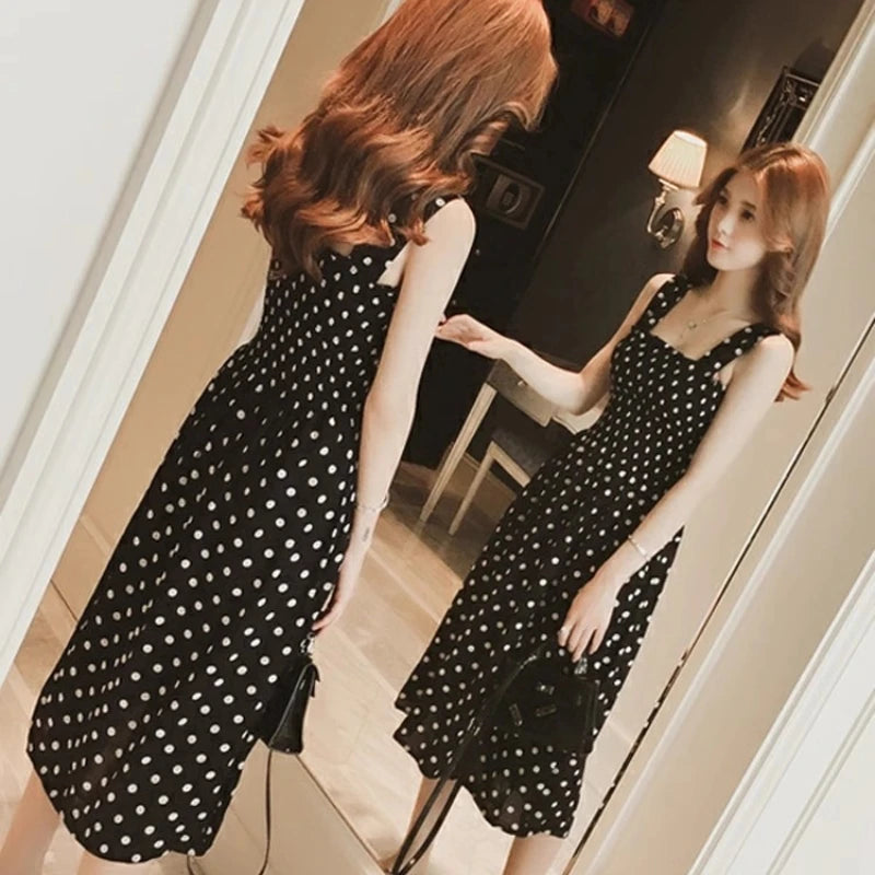 Women Summer Sleeveless Dot Dress Sexy Backless A-Line Spaghetti Strap Beach Style Dresses Camisole Off-Shoulder Folds Vestidos