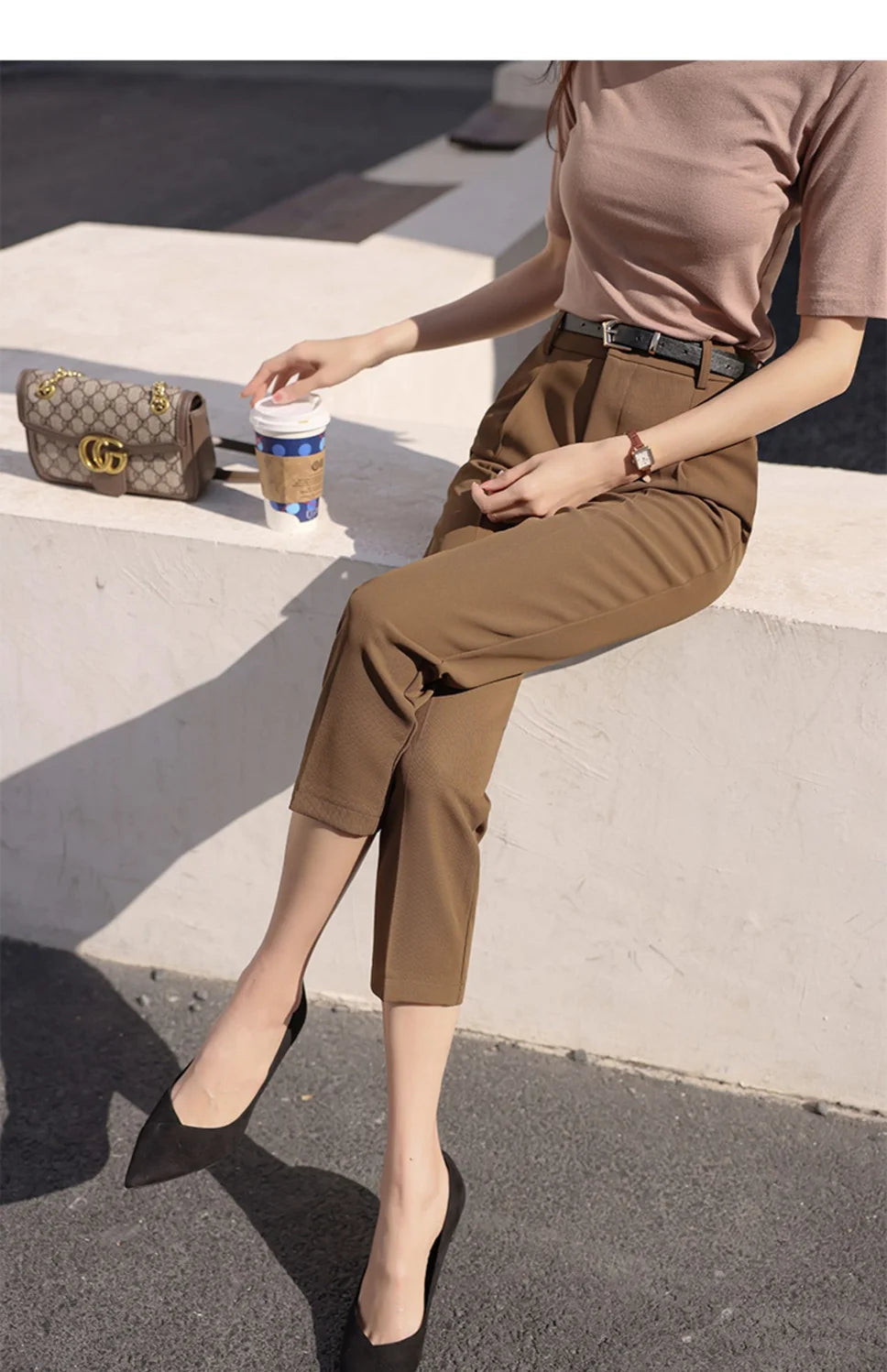 Office Lady Fashion Coffee Harlan Suit Pants Spring Summer Thin Women Koreon Women High Waist Casual Slim Cropped Trousers 2023