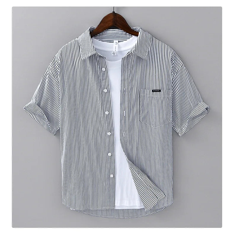 2025 Spring Summer New Casual Striped Cotton Short Sleeve Shirts for Men Clothing Soft Turn-down Collar Shirts DCC03