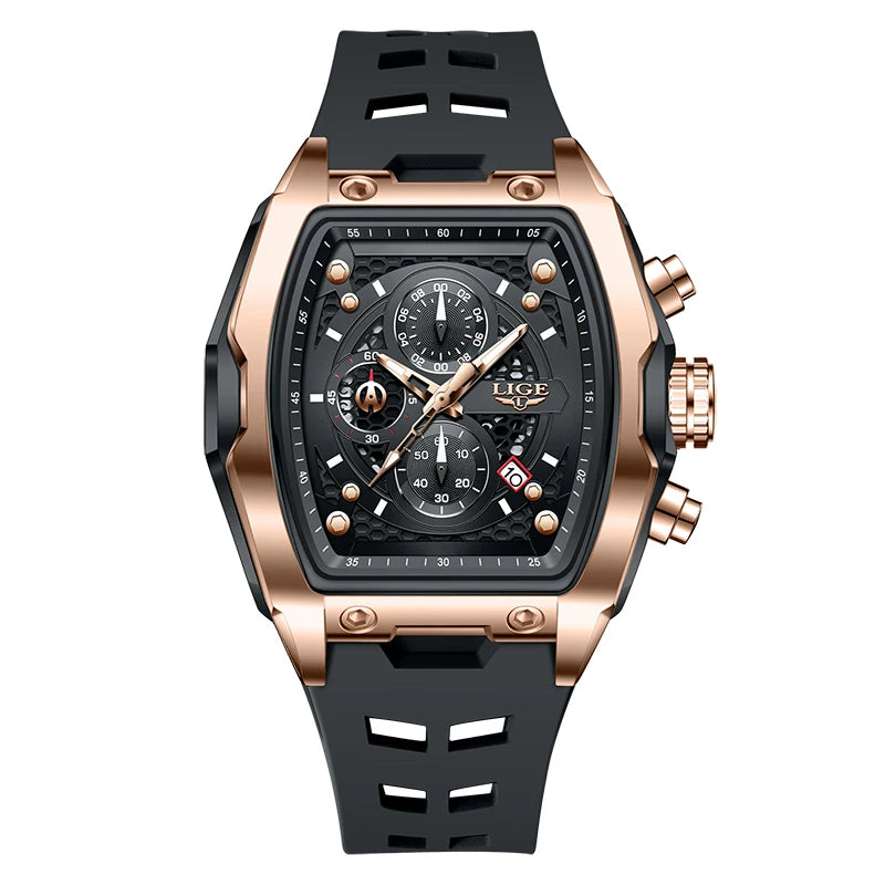 LIGE Quartz Mens Watches Fashion Business Military Wrist Watch For Men Silicone Sport Waterproof Chronograph Square Watch Men