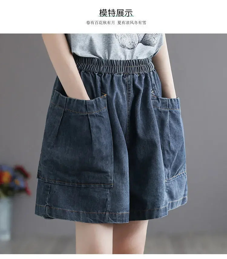 Vintage Jeans Shorts Women Summer Floral Embroidery Elastic High Waist Denim Shorts Design Wide Leg Trousers Blue Black Shorts