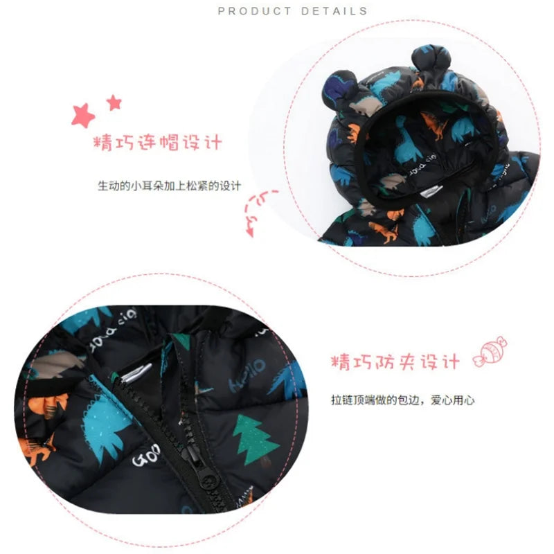Children Boys Baby Hooded Lightweight Down Jackets Warm Outerwear Autumn Kids Girls Coats Cartoon Dinosaur Print Casual Clothing