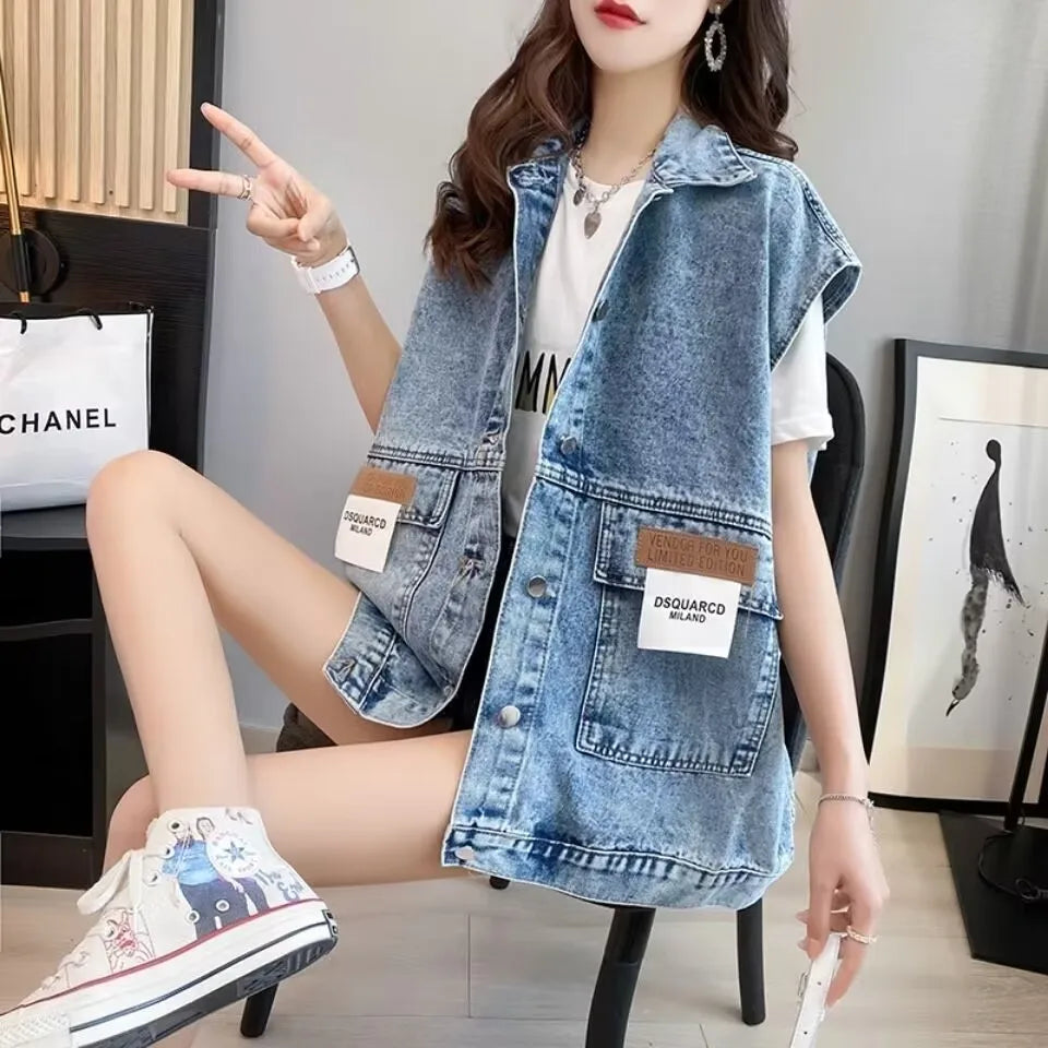 New Women's Denim Vest 2025 Fashion Female Spring Autumn Jeans Jacket Sleeveless Loose Short Coat Summer Streetwear Denim Vest