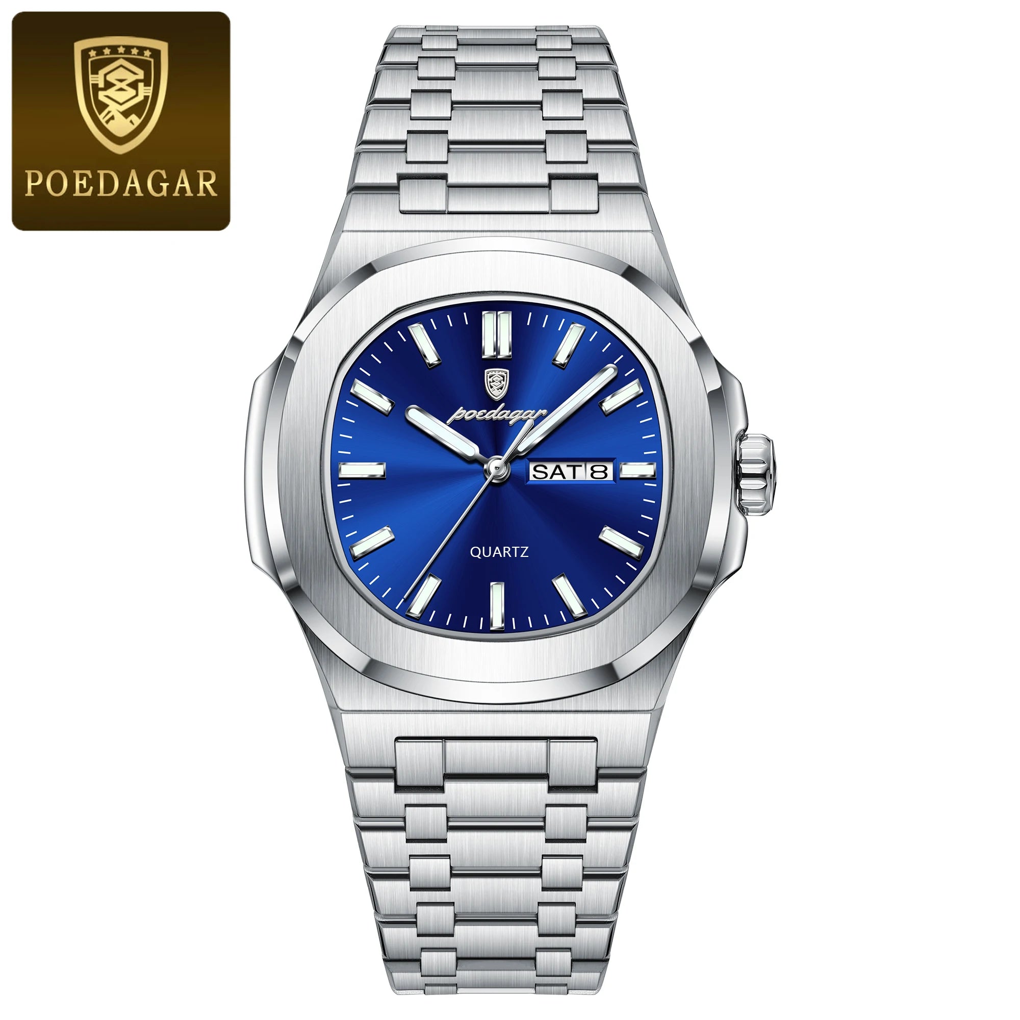 POEDAGAR Trendy Casual Wristwatch For Men Week Date Stainless Steel Man Watch Luminous Waterproof Luxury Quartz Men Watches+Box