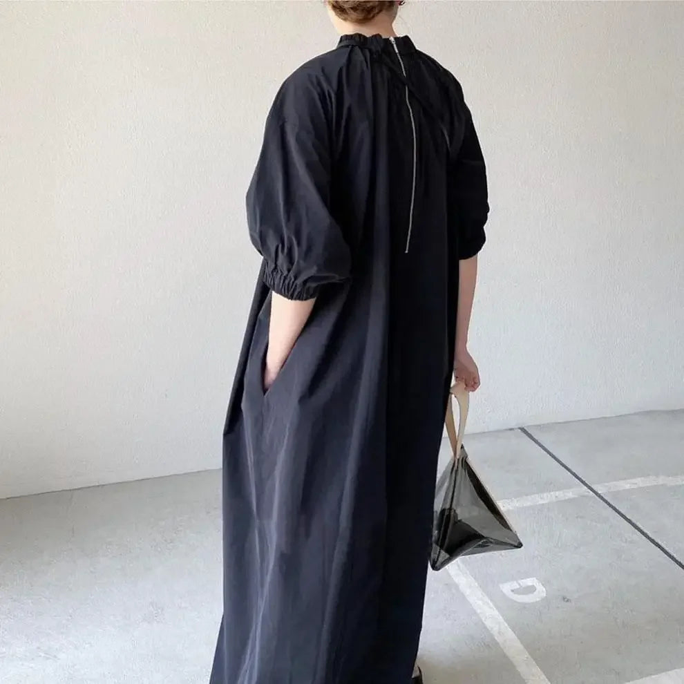 Japanese Style Dress2023 Summer New Women's Clothing Solid Color Stand Collar Dress Loose-Fit Elegant A- Line Long Dress