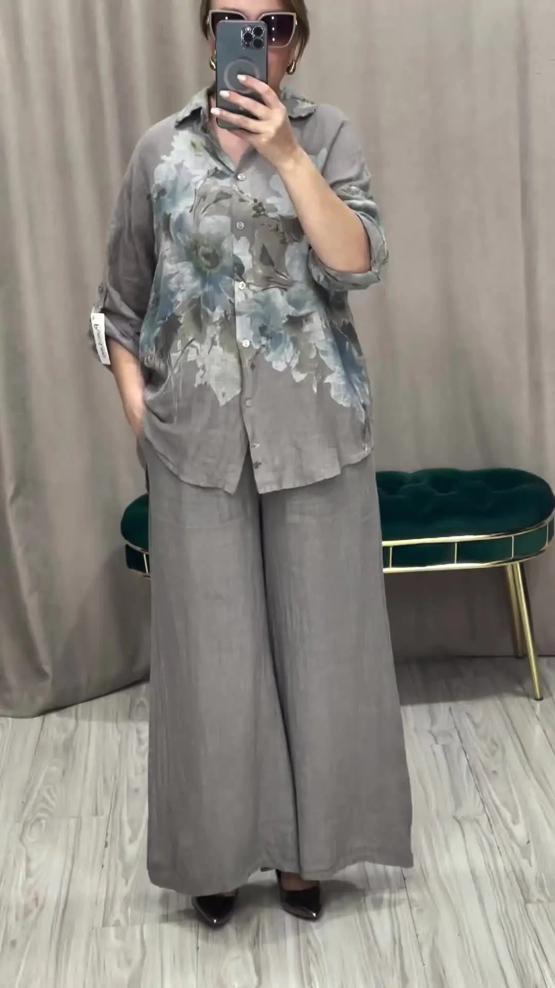 Two Piece Set Islam Muslim Women Tops Flower Print Shirt Wide Leg Pants Suits Ramadan Turkey Modest Ensembles Morocco Outfits