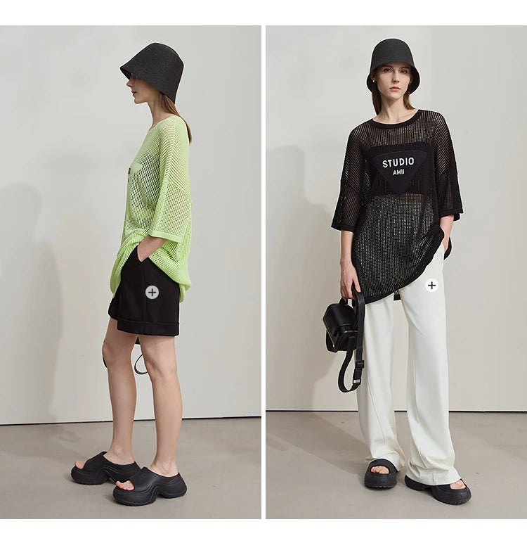 Amii Minimalist Women's Knitted Pullovers 2025 Summer Crew Neck Short-sleeved Casual Mid Long Loose Letter Jacquard Top 12542048
