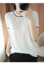 Women New Summer Short-sleeved Tees O-Neck Slim 100% Cotton Linen Hollow Pullover T-shirt Knitted Base Casual Sweater
