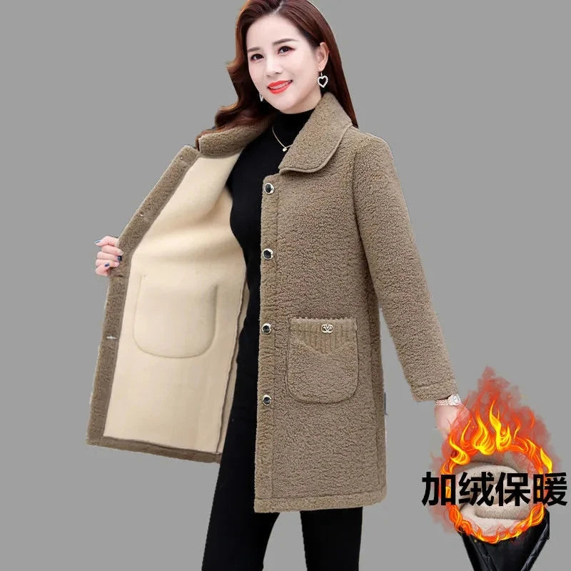 Middle-aged Mothers Faux lamb Wool Coat 2024 Autumn Winter Loose Long-sleeve Outerwear Solid Female Jacket Parkas Casual Tops