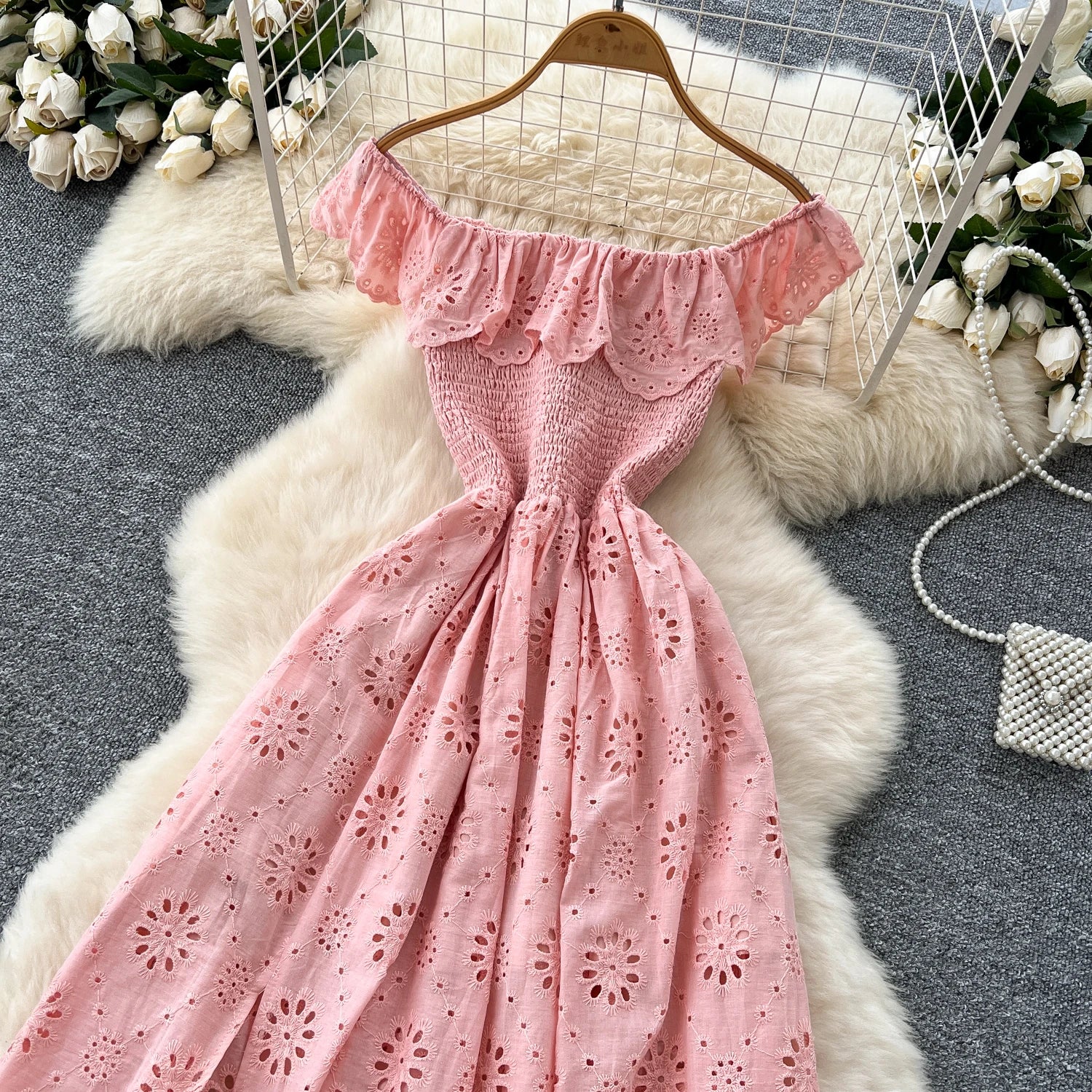 SINGREINY Chic Embroidery Hollow Out Dress Ruffles Splice Off Shoulder Elastic Ruched Slim 2025 Solid Gentle Vacation Long Dress