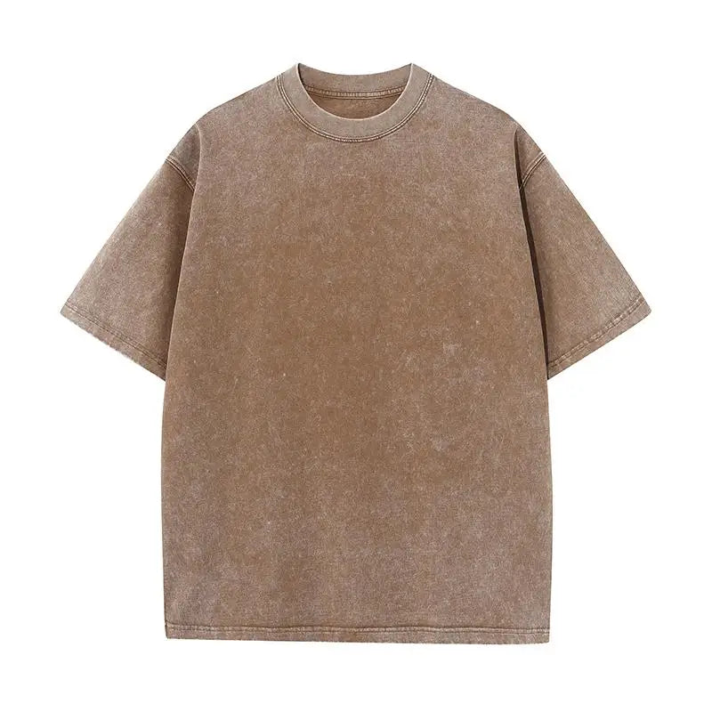 2025 summer European code wash heavy short sleeve T-shirt for young men pure cotton solid color loose retro round neck half slee