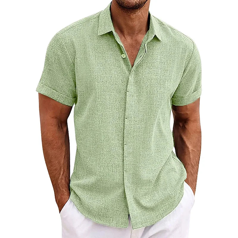 Men Cotton Linen Hot Sale Men's Short-Sleeved Shirts Summer Solid Color Turn-down Collar Casual Beach Style Plus Size Tops
