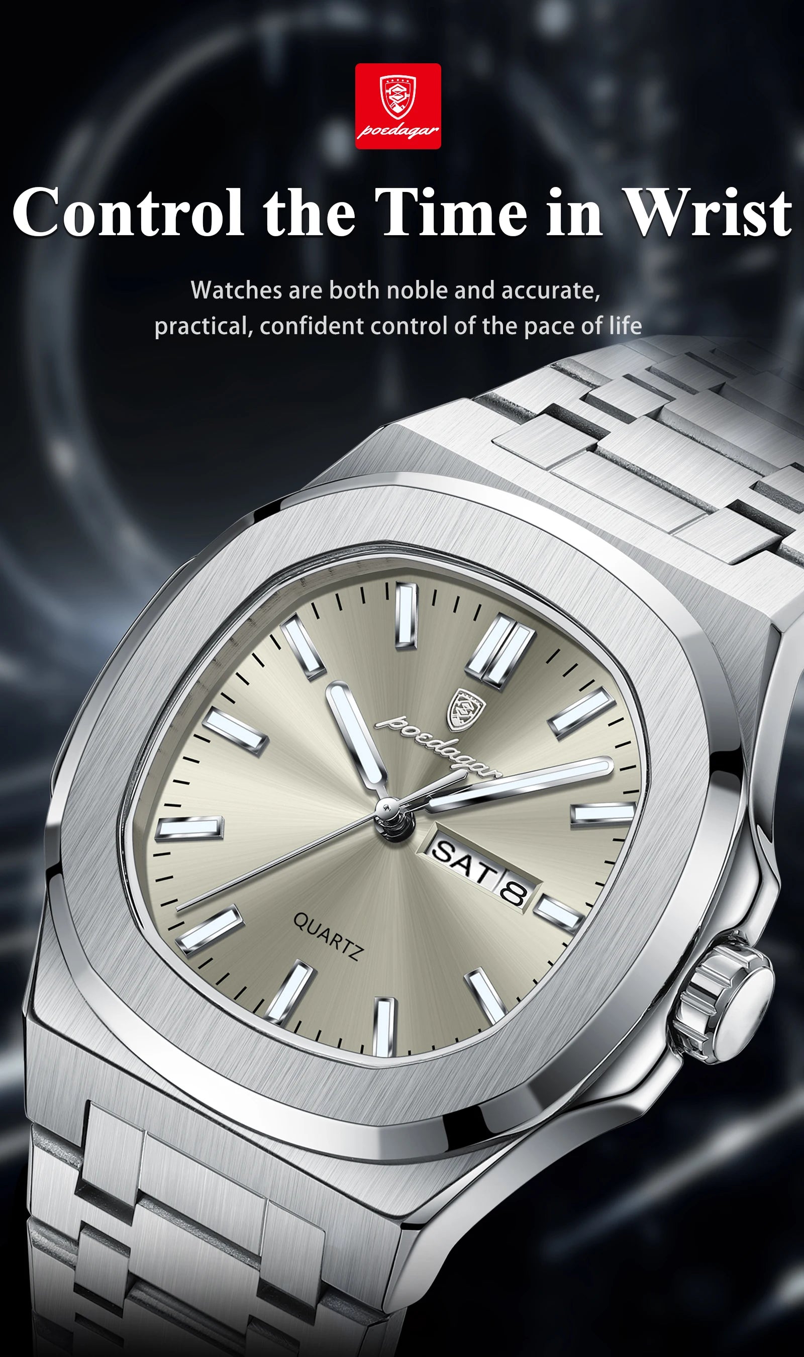 POEDAGAR Trendy Casual Wristwatch For Men Week Date Stainless Steel Man Watch Luminous Waterproof Luxury Quartz Men Watches+Box