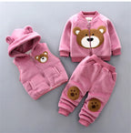 Kids Cartoon Clothing Sets Winter Autumn Boys Girls Cotton Thick Warm Hooded Sweater Cute Bear 3Pcs Children Suits 0-4 Years