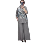 Two Piece Set Islam Muslim Women Tops Flower Print Shirt Wide Leg Pants Suits Ramadan Turkey Modest Ensembles Morocco Outfits