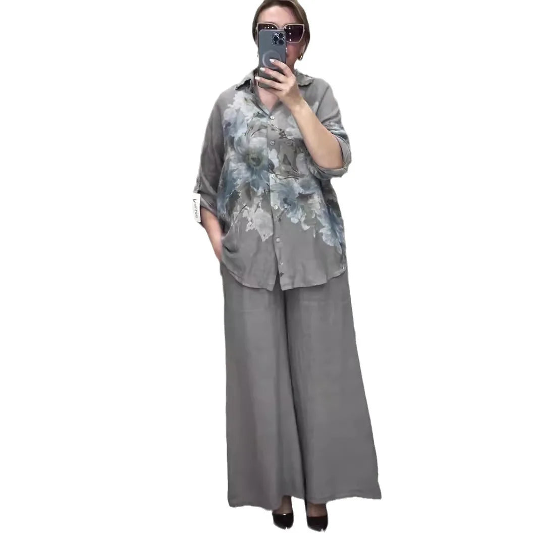 Two Piece Set Islam Muslim Women Tops Flower Print Shirt Wide Leg Pants Suits Ramadan Turkey Modest Ensembles Morocco Outfits