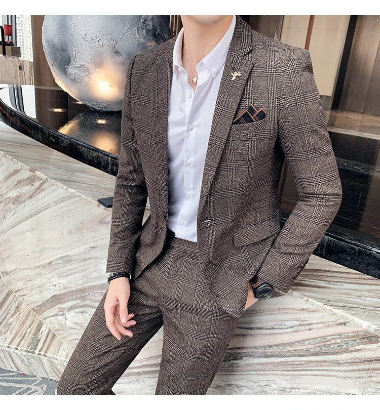 Men Luxury Slim Fit Check Suits Men Boutique Business Casual Formal Suits Sets Blazers+Pants Wedding Social Tuxedo Dress Homme