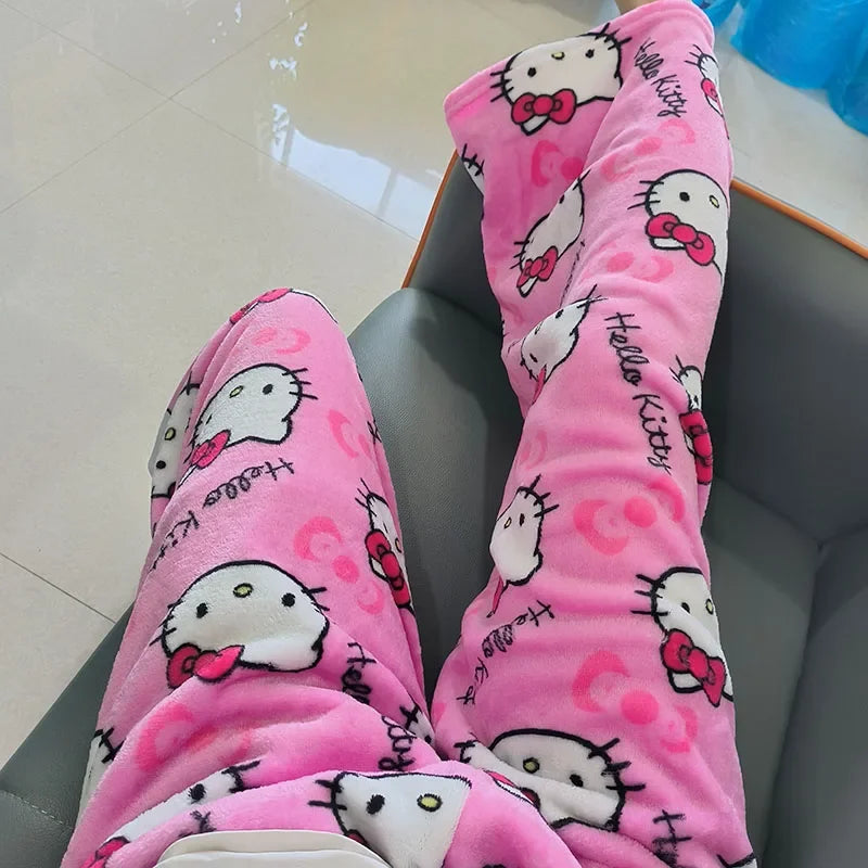 Sanrio Hello Kitty Fleece Coral Pajama Pants Soft Trousers Women Casual Home Trousers Kawaii Anime Cartoon Birthday Gift