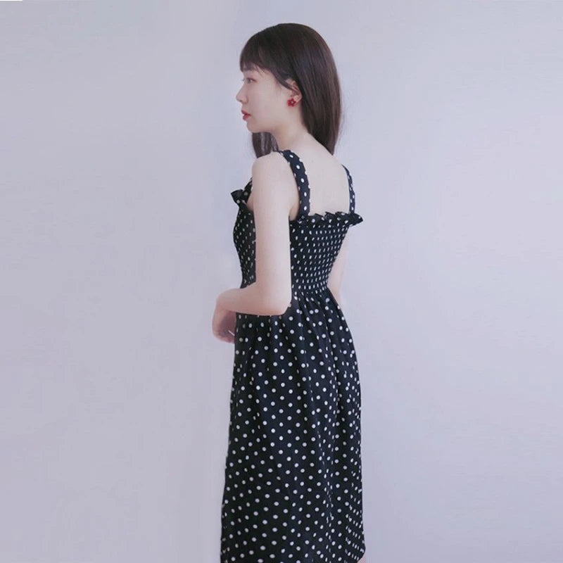 Women Summer Sleeveless Dot Dress Sexy Backless A-Line Spaghetti Strap Beach Style Dresses Camisole Off-Shoulder Folds Vestidos