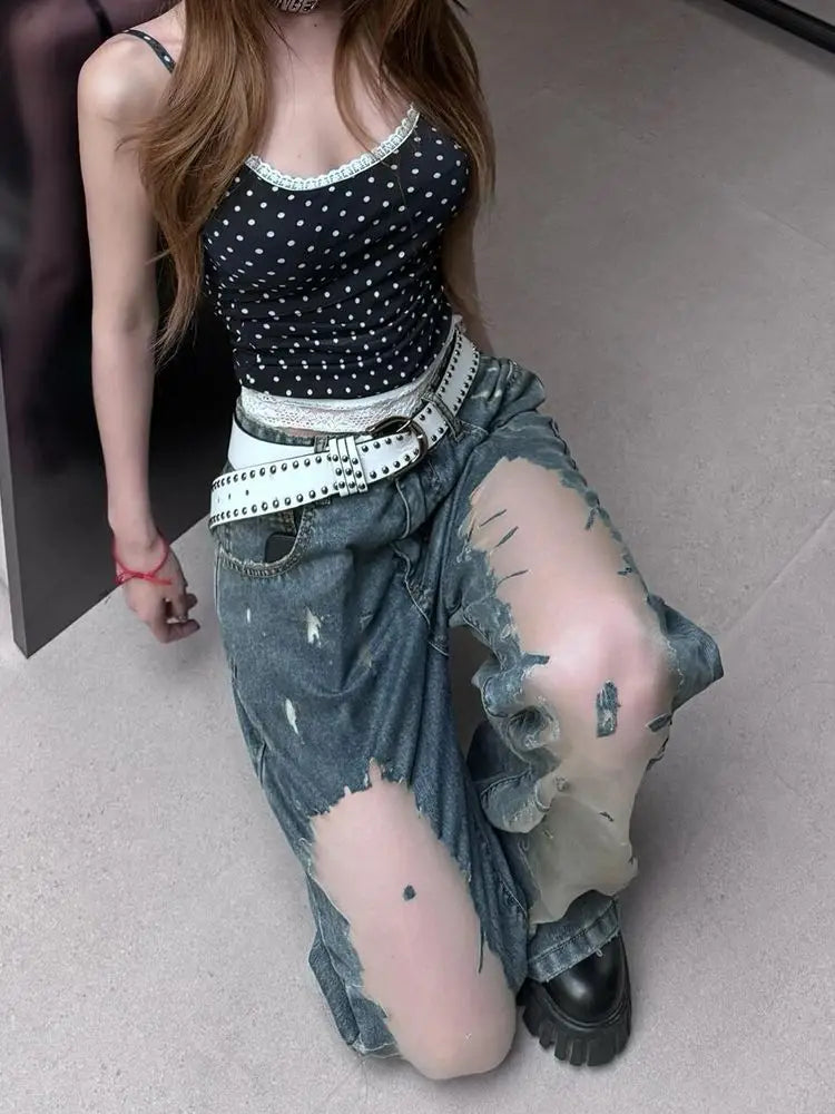 American Hot Girl Retro Washing Ripped Jeans for Women Summer Design Hollow 2000s Clothes Y2k Pants Baggy Harajuku Fashion Pant