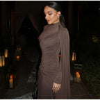 Fashion Brown Pleated Long Sleeve Dress Women Elegant O-neck Bodycon Prom Robes 2025 New Summer Lady Street Party Dresses