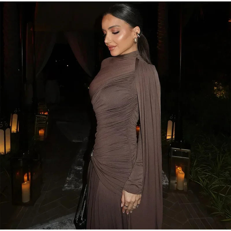 Fashion Brown Pleated Long Sleeve Dress Women Elegant O-neck Bodycon Prom Robes 2025 New Summer Lady Street Party Dresses