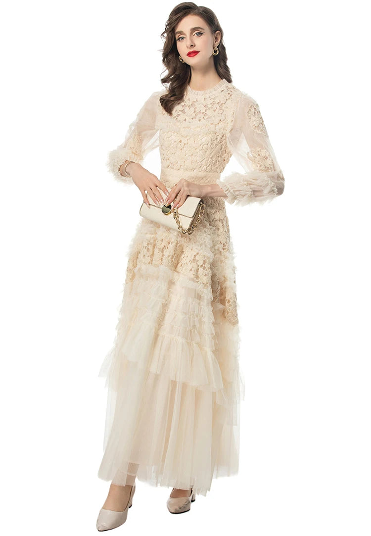 LD LINDA DELLA Fashion Designer Summer Dress Women's Vintage Solid Color Temperament Net Yarn Embroidery Cascading Ruffle Dress