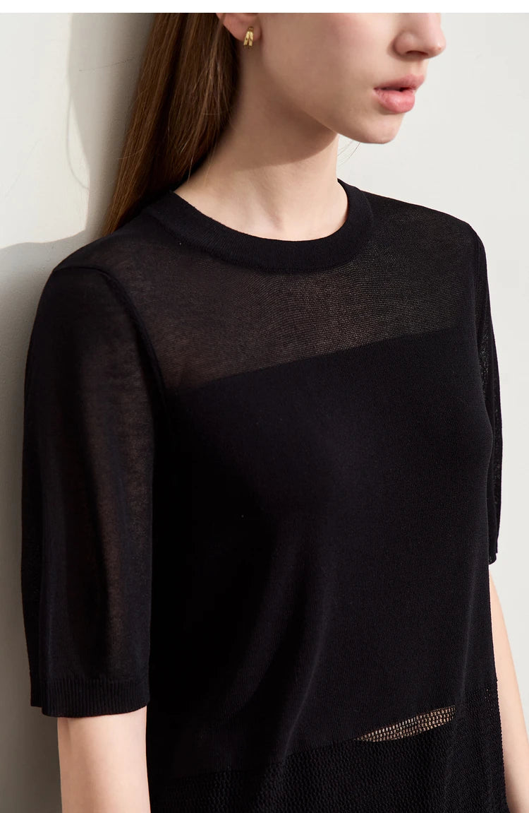 Amii Minimalism 2024 Knit Sweater Women Summer New Solid O-Neck Loose Short-sleeved Wool Casual Patchwork Chic Tops 12422028