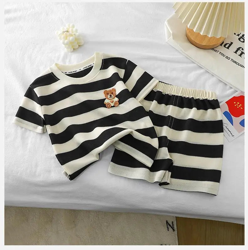 Kids Clothes Children's Short-sleeved Suit Striped Top+shorts 2-piece T-shirt Summer Baby Clothes Children Clothing Boys Girls