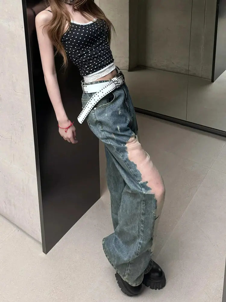 American Hot Girl Retro Washing Ripped Jeans for Women Summer Design Hollow 2000s Clothes Y2k Pants Baggy Harajuku Fashion Pant