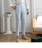 High-end Striped Men's Suit Pants Spring Summer Thin Italian Straight Casual Trousers Blue Paris Buckle Business Trousers