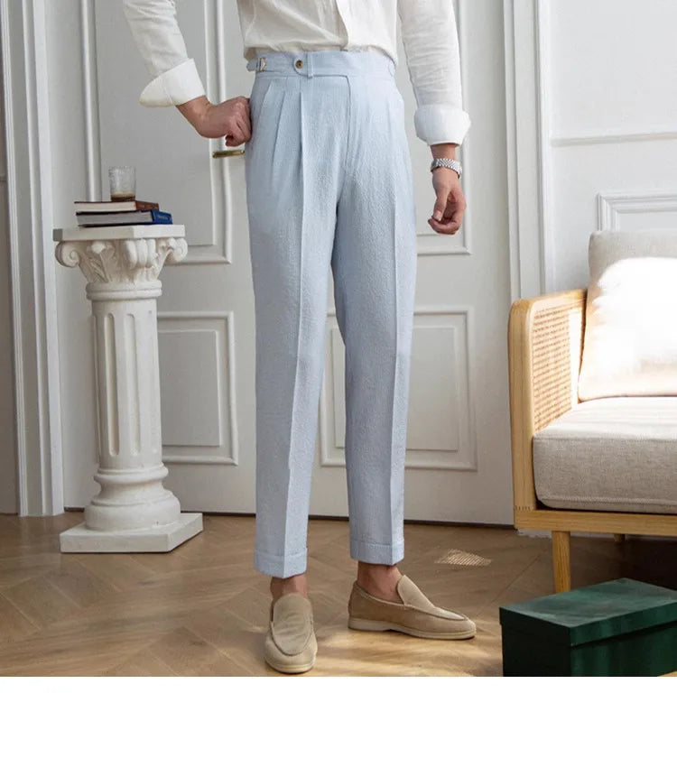High-end Striped Men's Suit Pants Spring Summer Thin Italian Straight Casual Trousers Blue Paris Buckle Business Trousers