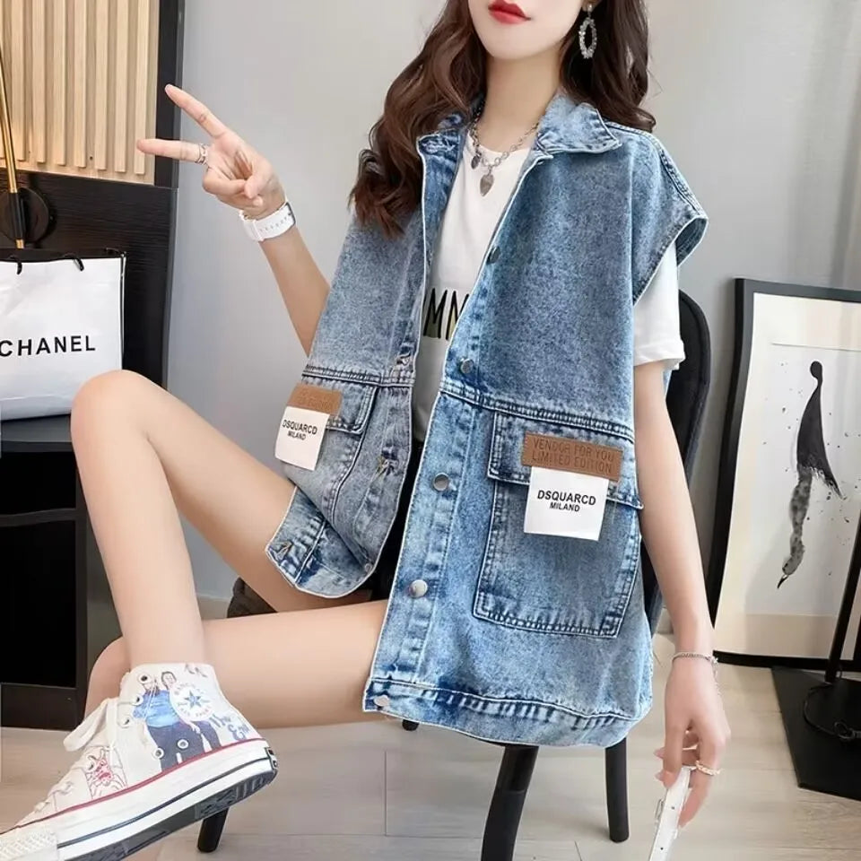 New Women's Denim Vest 2025 Fashion Female Spring Autumn Jeans Jacket Sleeveless Loose Short Coat Summer Streetwear Denim Vest