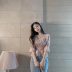 Chiffon Shirt for Women New Floral Flared Sleeves Wrapped in Chest and Waist to Make Them Look Slim Top for Women