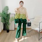 Miyake Diamond Pleated Two Piece Set Women Winter Outfits Elegant Causal Batwing Long Sleeve Three Colour Tos Straight Pants