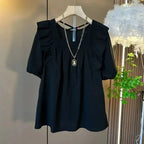 Summer Casual V-neck Back Cross Strap Fly Sleeve Elastic Shoulder Loose Fit Small Shirt Versatile Simple Top for Plump Sister