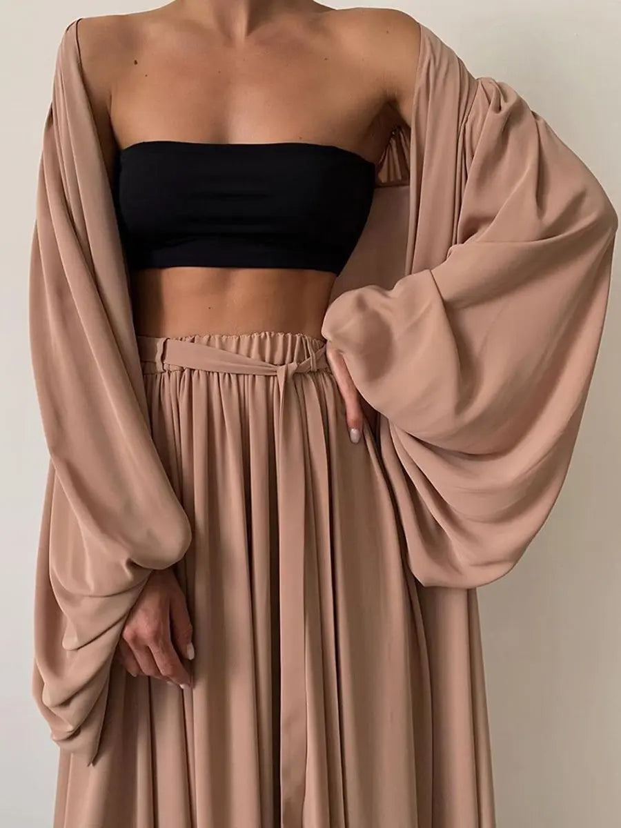 Spring Summer Women's 3pcs Suit Sexy Puff Sleeve Jacket Ladies Temperamental Commute Wide Leg Trousers Fashion Sets 2025 New