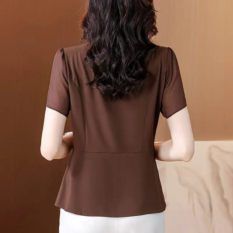New Summer Solid Color Short-sleeved T-shirt Women with Large Size Fat Mm Slim V-neck Top Fashionable Temperament Small Shirt