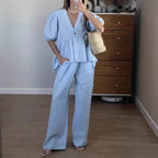 Summer Casual Cotton 2 Piece Set Women Outfit Deep V Neck Short Puff Sleeve Pullover Top Long Trousers Loose Lady Two Piece Suit