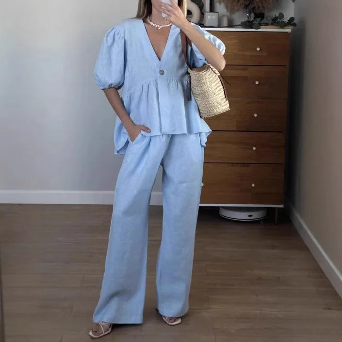 Summer Casual Cotton 2 Piece Set Women Outfit Deep V Neck Short Puff Sleeve Pullover Top Long Trousers Loose Lady Two Piece Suit